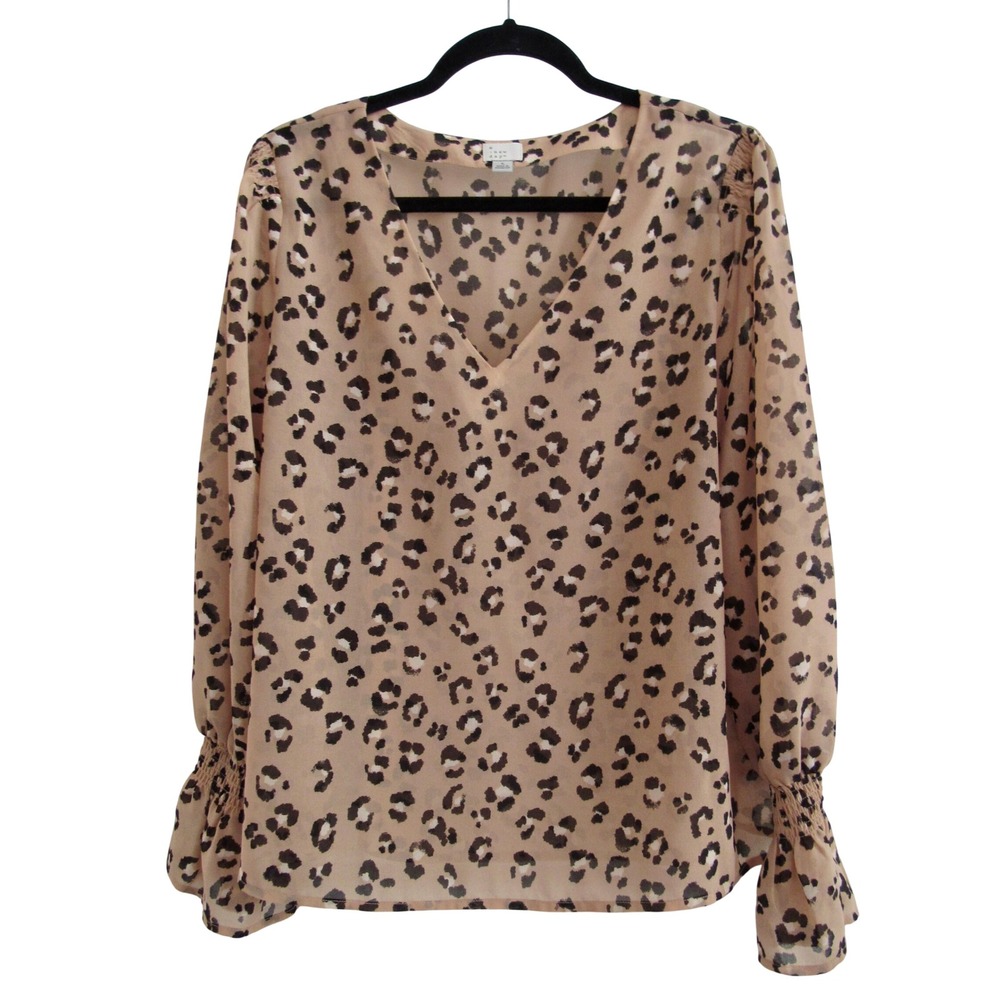 A New Day Blouse Womens L Leopard Print V-Neck Smocked Ruffle Cuff Tan‎ Black